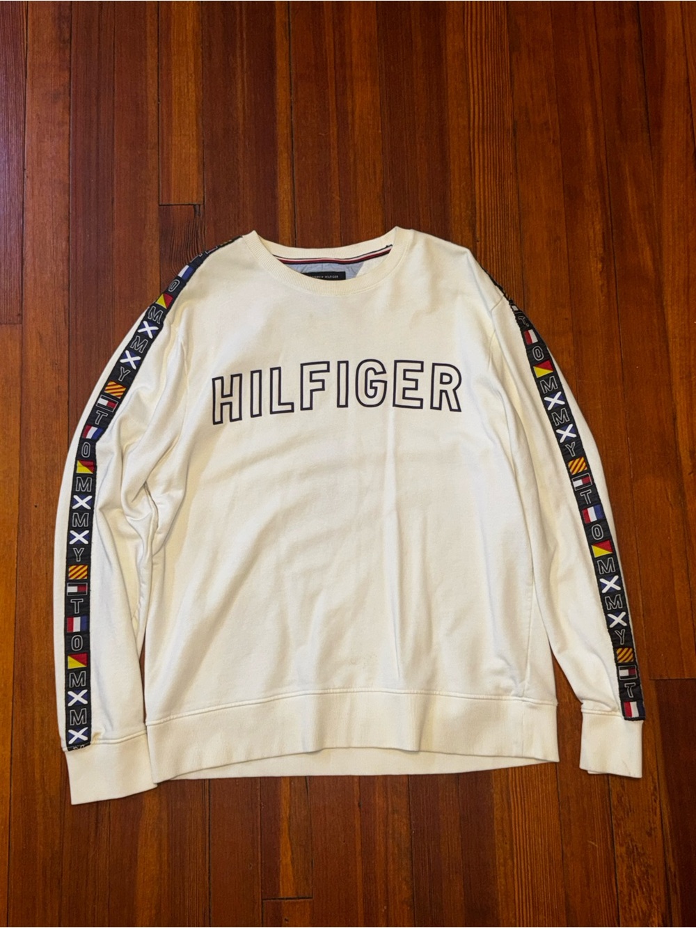 Tommy Hilfiger Men's White Hilfiger Logo Crewneck Sweater